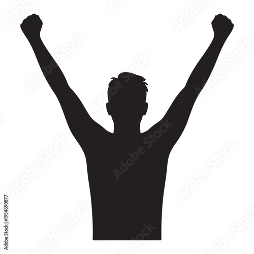 A victorious man raises both arms in celebration a bold black silhouette