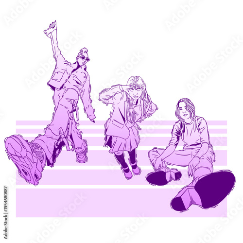 Set of stylisht young woman fashion sketches. Diverse illustrtion of modern girls