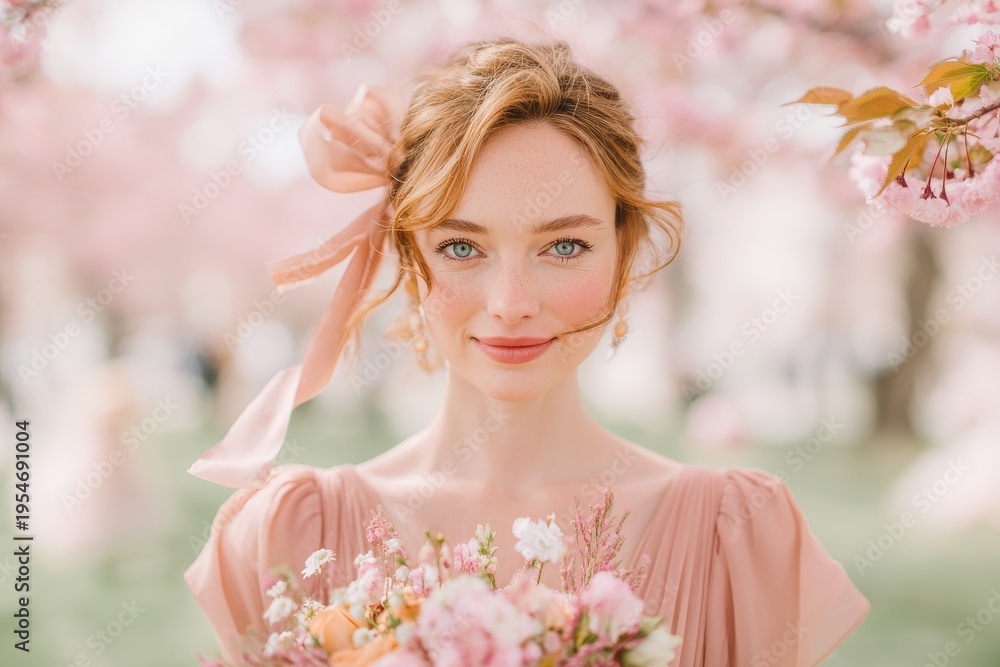 Fototapeta premium Beautiful woman with light orange hair, a pink ribbon in her hair