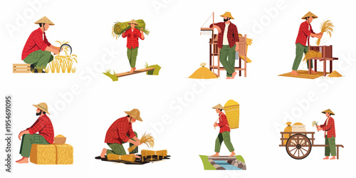 Flat vector illustration set of Asian farmers harvesting, processing, and transporting rice using traditional manual methods on a white background.