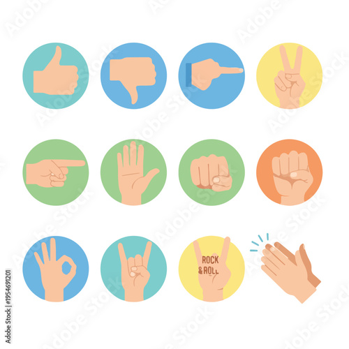 Collection of hand gestures and signals in vibrant colored circular frames