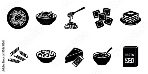 A collection of simple black and white vector icons representing various Italian pasta dishes, ingredients, and preparations, perfect for culinary themes.