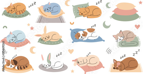Cute sleeping pets collection with cats and dogs resting on pillows isolated on white background cartoon vector illustration set