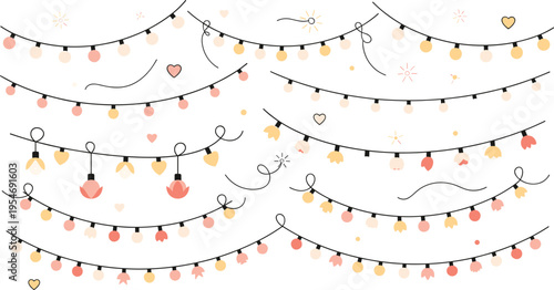 Decorative string lights collection with festive bulbs and garlands isolated on white background cozy illumination vector illustration set