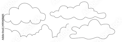 Set of hand drawn cloud line art illustrations on white background