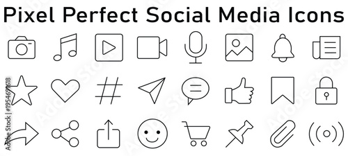 Set of 24 minimalist line icons for social media and digital marketing interfaces