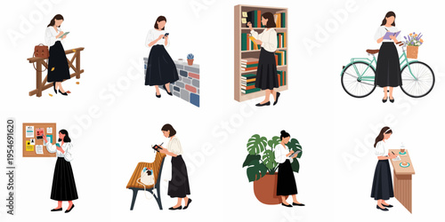 A collection of flat vector illustrations showcasing a young woman in various daily lifestyle activities, including reading, writing, and commuting.