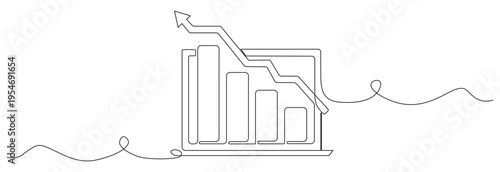 Continuous line drawing of business growth bar chart on laptop screen with arrow