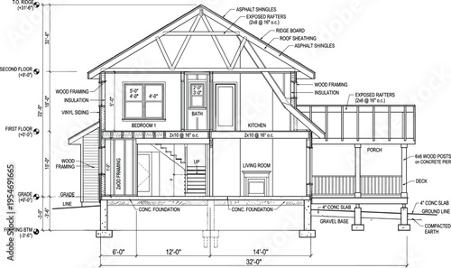 Detailed residential house cross section vector illustration showing wood framing insulation stairs kitchen living room and roof shingles.
