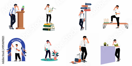 A collection of flat vector illustrations depicting a male student's experiences during university orientation, registration, and daily campus life.