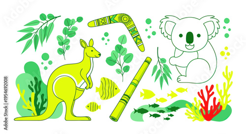 Cute Australian Animals and Symbols Flat Vector Illustration