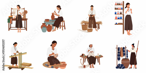 Set of flat vector illustrations depicting women artisans practicing traditional crafts such as pottery, weaving, indigo dyeing, and embroidery.