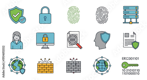 Collection of security themed icons, including shields, locks, and data