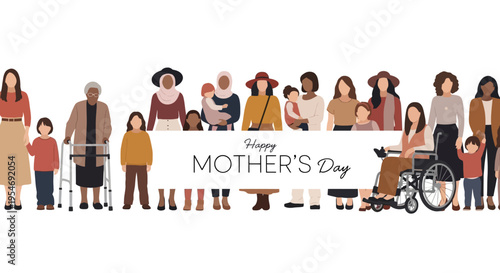 Diverse Mother's Day Banner with Women and Children of All Ages and Abilities, Inclusive Flat Vector Illustration Representing Multi-ethnic Motherhood and Family Love