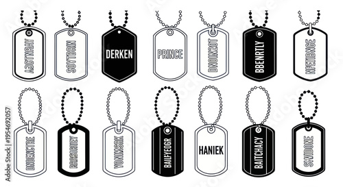 Dog Tags Collection: Military Identification Tags on Chains, Vector Icons