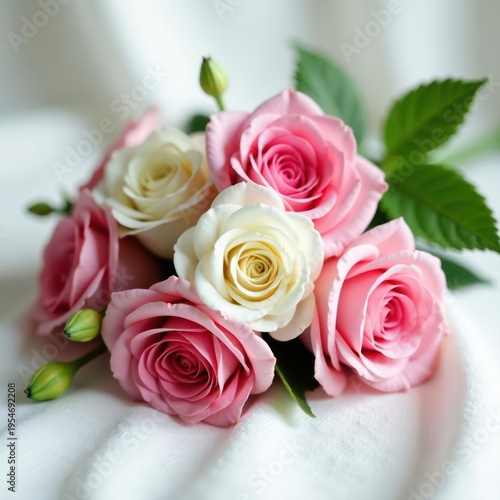 Delicate pink & white blooms, arranged on pure white linen , peaceful, vibrant