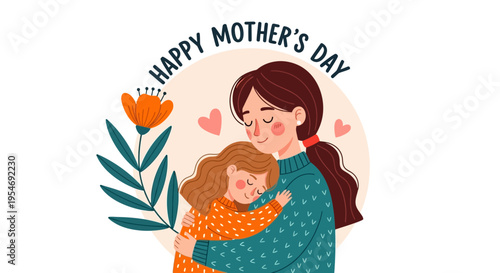 Happy Mother's Day Illustration with Mother and Daughter Hugging, Cute Flat Vector Design for Greeting Cards and Social Media