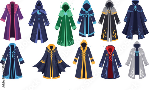 Fantasy magic cloaks collection with wizard robes and mystical costume designs flat vector illustration set