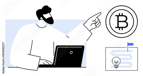 Cryptocurrency concept. Cryptocurrency innovation highlighted with Bitcoin icon, man using laptop, and idea illustration. Cryptocurrency trends in finance, technology, investments, education