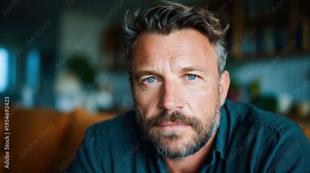 Obraz premium A mature man with silver hair and piercing blue eyes looks directly into the camera, conveying depth of thought and introspection while seated in a warm, inviting space.