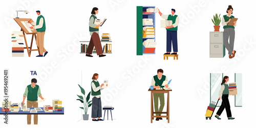 Set of Illustrations Featuring Teaching Assistants Grading Exams, Organizing Academic Documents, and Managing Classroom Tasks in a Professional Environment