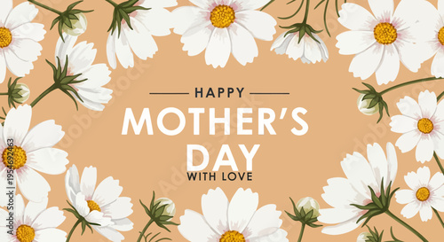 Happy Mother's Day Greeting Card with White Floral Frame on Beige Background
