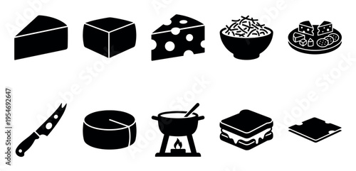 A collection of black graphic icons representing various cheese products and dishes, presented on a white background for versatility.