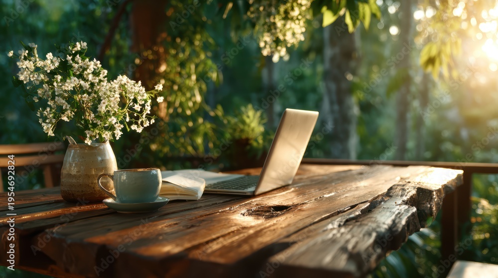 Fototapeta premium An inviting outdoor workspace featuring a laptop, a cup of coffee, and fresh flowers, illuminated by warm sunlight, perfect for inspiration and productivity in nature.