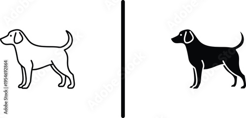A black and white illustration of two dogs standing side by side