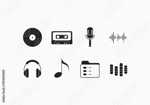 Collection of Music and Audio Icons Vinyl Record, Cassette Tape, Microphone, Sound Wave, Headphones, Musical Note, Playlist, and Equalizer
