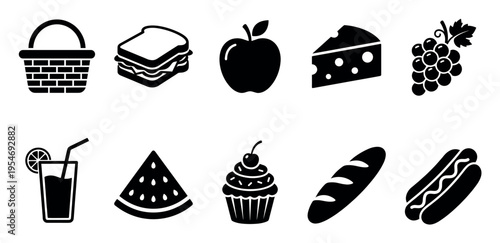 Collection of black and white silhouette icons depicting various food items like a picnic basket sandwich apple cheese grapes drink watermelon cupcake bread and hot dog.