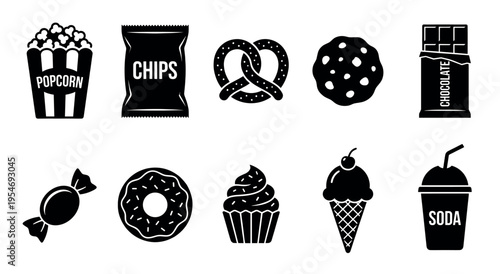 A collection of black silhouette icons representing various snack foods like popcorn, chips, pretzels, cookies, chocolate, candy, donuts, cupcakes, ice cream, and soda on a white background.