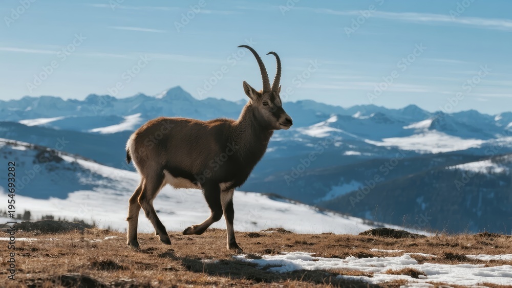 Fototapeta premium A mountain ibex stands on a snowy alpine ridge with snow-capped peaks in the background.