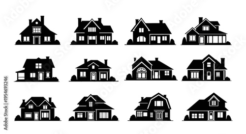 A collection of twelve distinct residential house silhouettes featuring various architectural styles