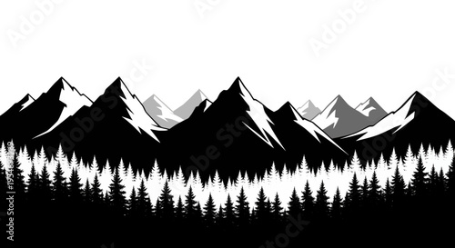 A majestic landscape featuring a dense pine forest in the foreground and towering mountain peaks