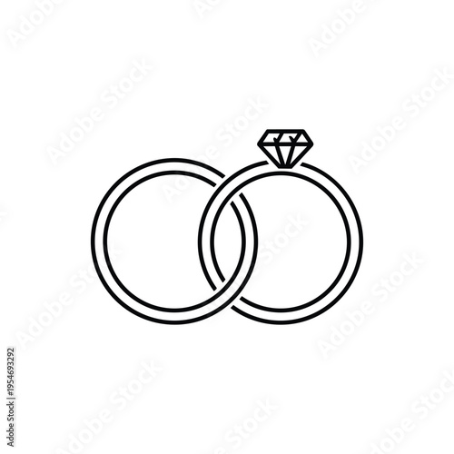 Minimalist wedding rings with diamond engagement ring black and white line art vector illustration for marriage and bridal design