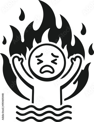 A distressed figure with a face surrounded by flames seemingly drowning in water