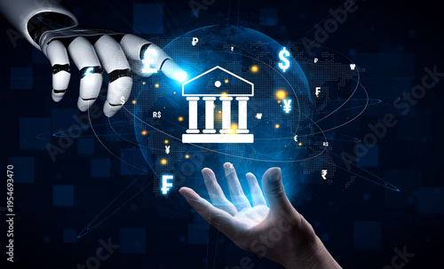 Fotografía Futuristic Interaction Between Robotic Hand and Virtual Financial Institution in Digital Space, Symbolizing Technology and Banking Modernization Quark