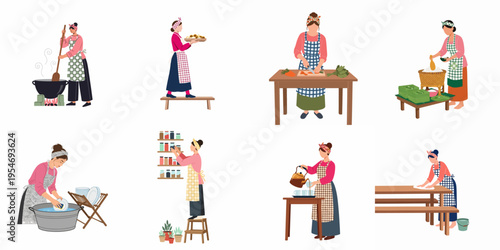 Flat vector illustrations of women in aprons performing various household chores and cooking activities, including washing dishes, preparing food, and cleaning.