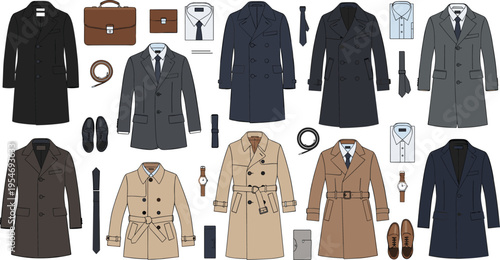 Men’s classic coat and suit collection with formal outerwear and accessories flat vector illustration set