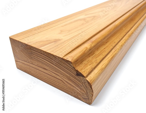 Close-up of a wooden beam, showcasing the grain. The corner is cut with a decorative edge. It appears varnished