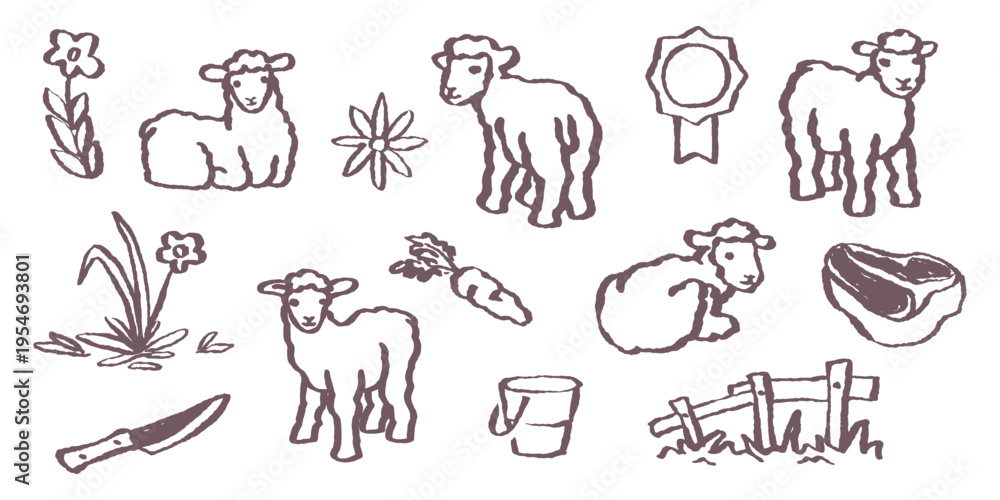 Fototapeta premium Minimalist hand-drawn sheep farm collection. Creative assets for animal husbandry brochures, organic food labels, nursery decor, and agricultural business branding or web icons.