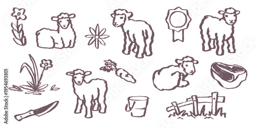 Minimalist hand-drawn sheep farm collection. Creative assets for animal husbandry brochures, organic food labels, nursery decor, and agricultural business branding or web icons.