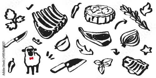Doodle style butchery icons with lamb, cleavers, and spices. Essential for craft paper packaging designs, restaurant identity branding, and organic meat production infographics.