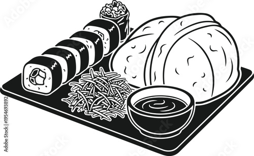 A black and white illustration depicts sushi rolls gyoza dumplings and a small dish of sauce