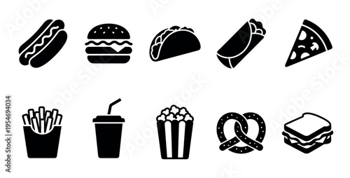 A graphic collection of ten black silhouette icons representing various popular fast foods like burgers, pizza, and tacos, ideal for digital menus or design elements.