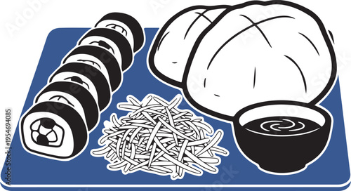A stylized illustration depicts sushi rolls french fries a sliced bun and soy sauce