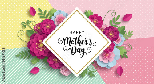 Happy Mother's Day Greeting Card with 3D Paper Cut Flowers and Gold Glitter Frame on Pastel Patterned Background