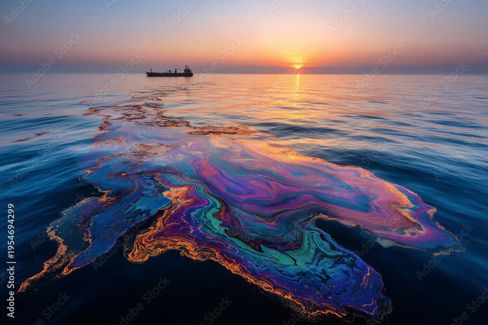Naklejka premium Massive Iridescent Oil Spill on Ocean Surface at Sunset with Distant Tanker Ship and Environmental Impact