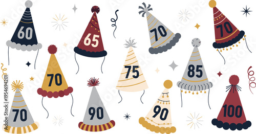 Numbered party hats collection with milestone ages and festive decorations isolated on white background celebration vector illustration set